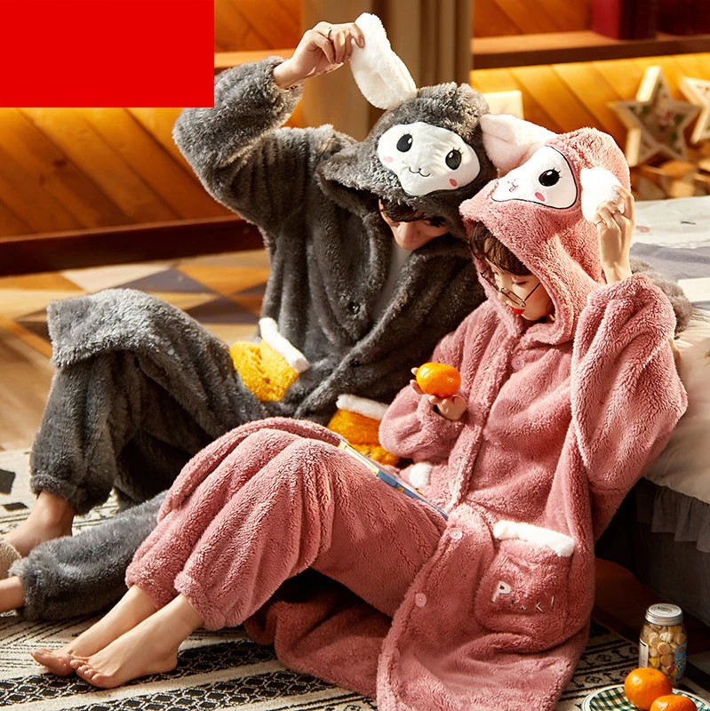 Facecloth Robe Men's Winter Flannel Thickened Women's Long Paragraph Couples Bathrobe Coral Velvet Three Layers of Cotton