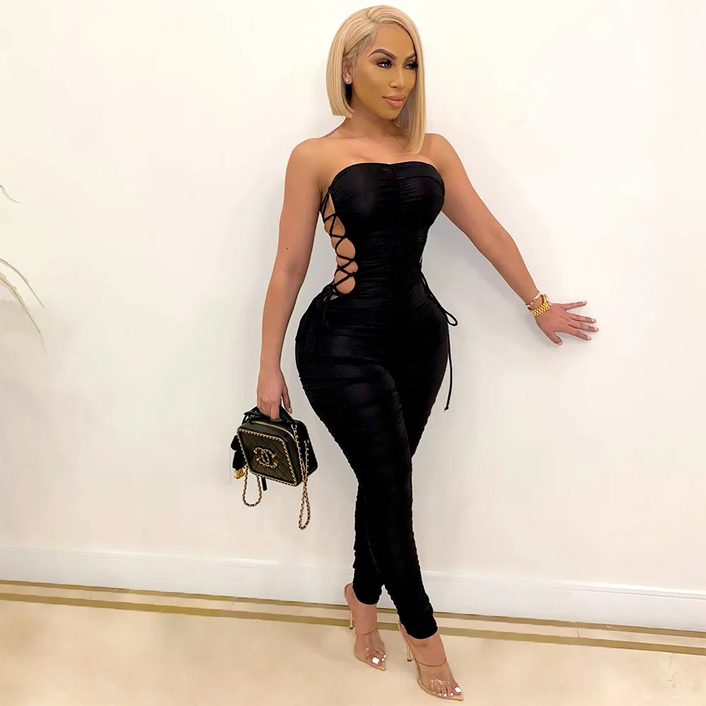 

2021 Black New Pattern Summer Women's Tight Fitting Jumpsuit Sexy Chest Wrapped Pleated Lace Up Slim Bodysuit