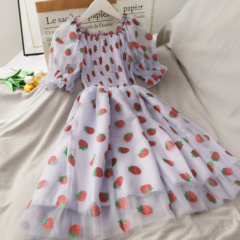 

Dress 2021 summer super fairy sequin strawberry print high waist mid length mesh skirt women's pleated one shoulder dress trend