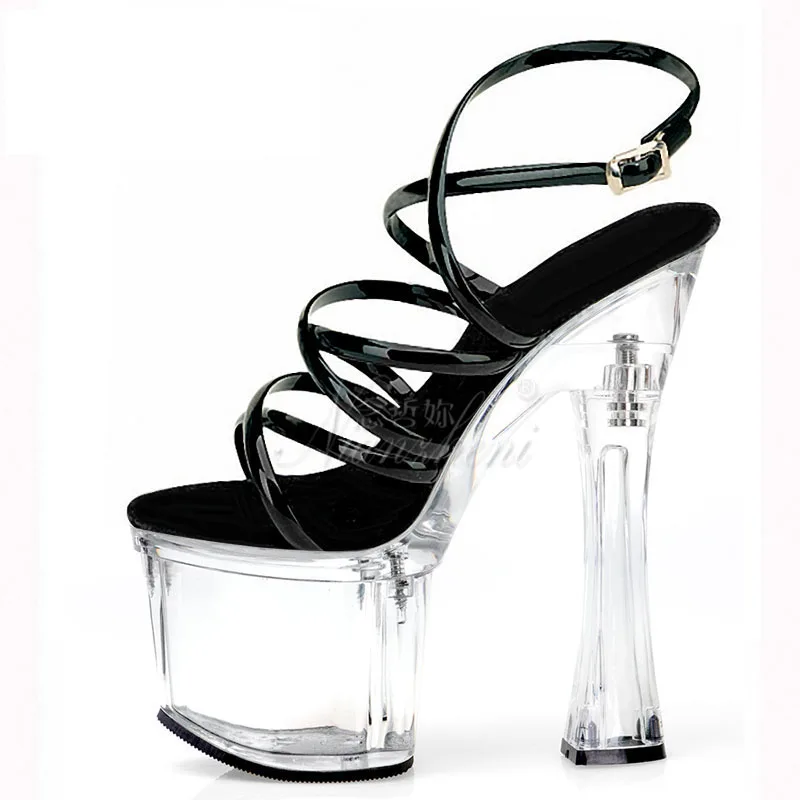 18CM Super High heeled shoes Clear Crystal Bordered Spool heels Sweet Pink Sandals 7 inch Dance Sexy Sandals