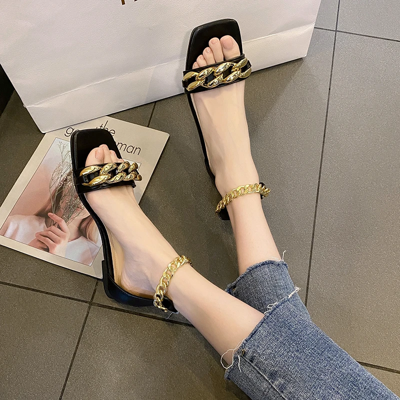 

Women Summer Basic Flats Shoes Woman Sandals Leather Chain Sandalias Women's Square Toe Flat Sandals Mujer Sapato Feminino