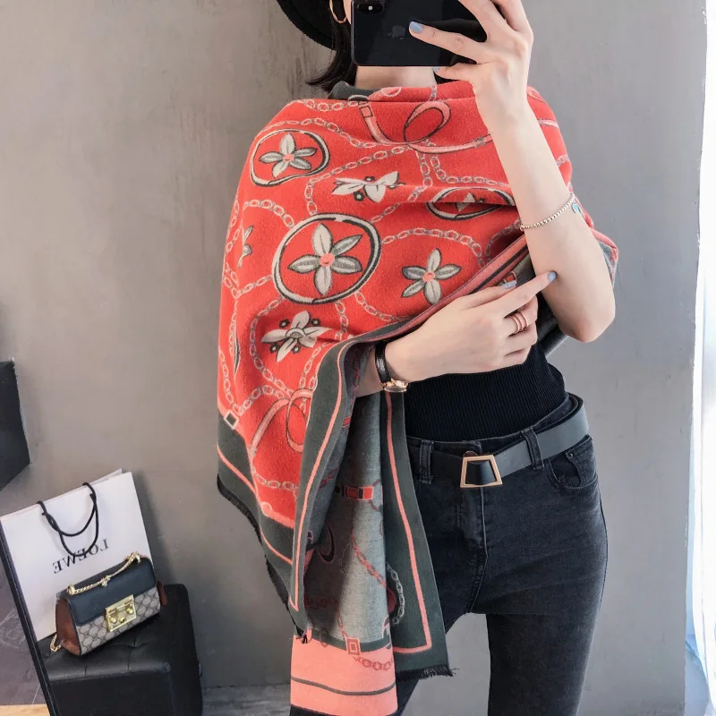 Осенне зимний новый женский шарф на цепочке с узором в виде пяти листьев травы