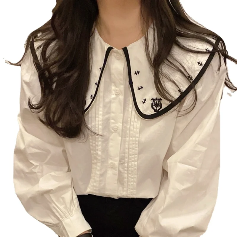 

Flower Embroidery Blouses Women Peter Pan Collar Puff Sleeve Casual Women's Shirt Pleated Korean Chic Top Female Blusas Autumn