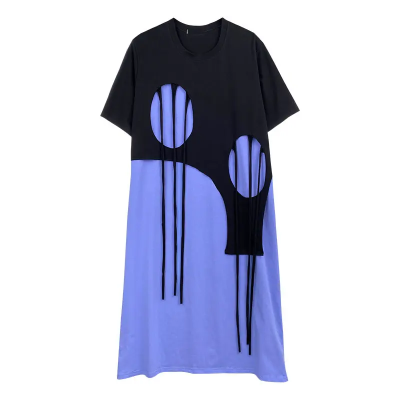 

XITAO Irregular Hollow O-neck Dress Summer New Style Color Contrast Casual Loose Short Sleeve Mid-length Women Dress WMD0636