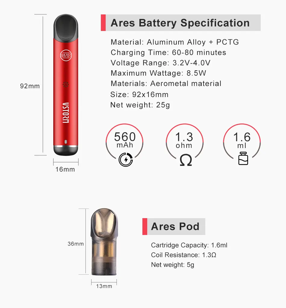 

New high quality Vapor Storm Ares Pod System with 260mAh battery 12w 1.6ml Mesh Coil Cartridge Refillable Starter Kit