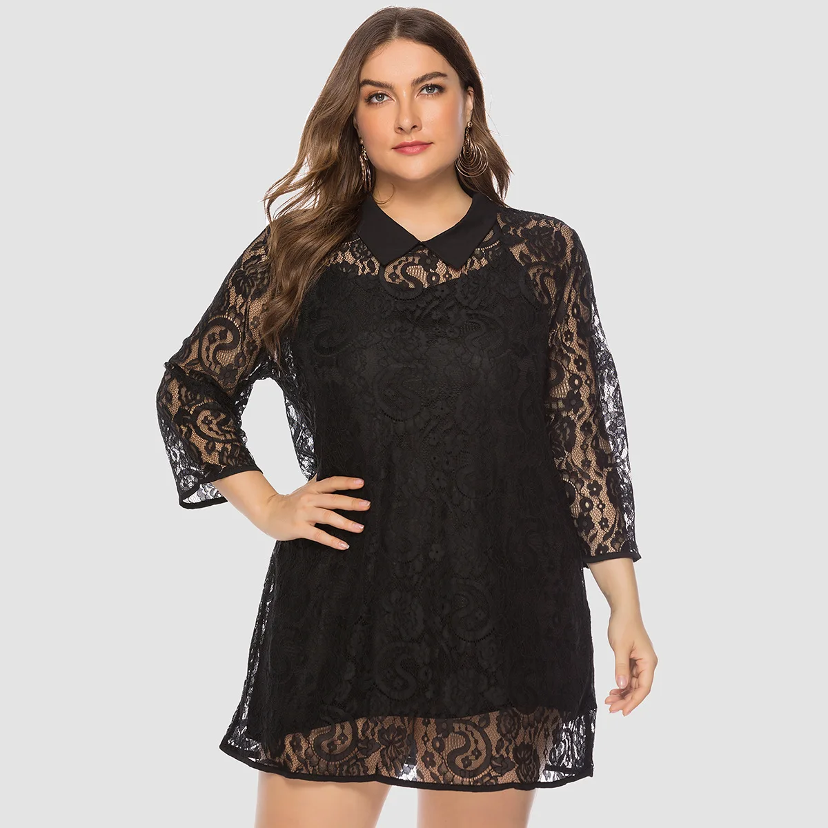 

4XL 5XL Plus Size Lace Dress Women's Clothing Sexy Two Piece Three Quarter Sleeve Mini Black Elegant Lace Dresses TA9543