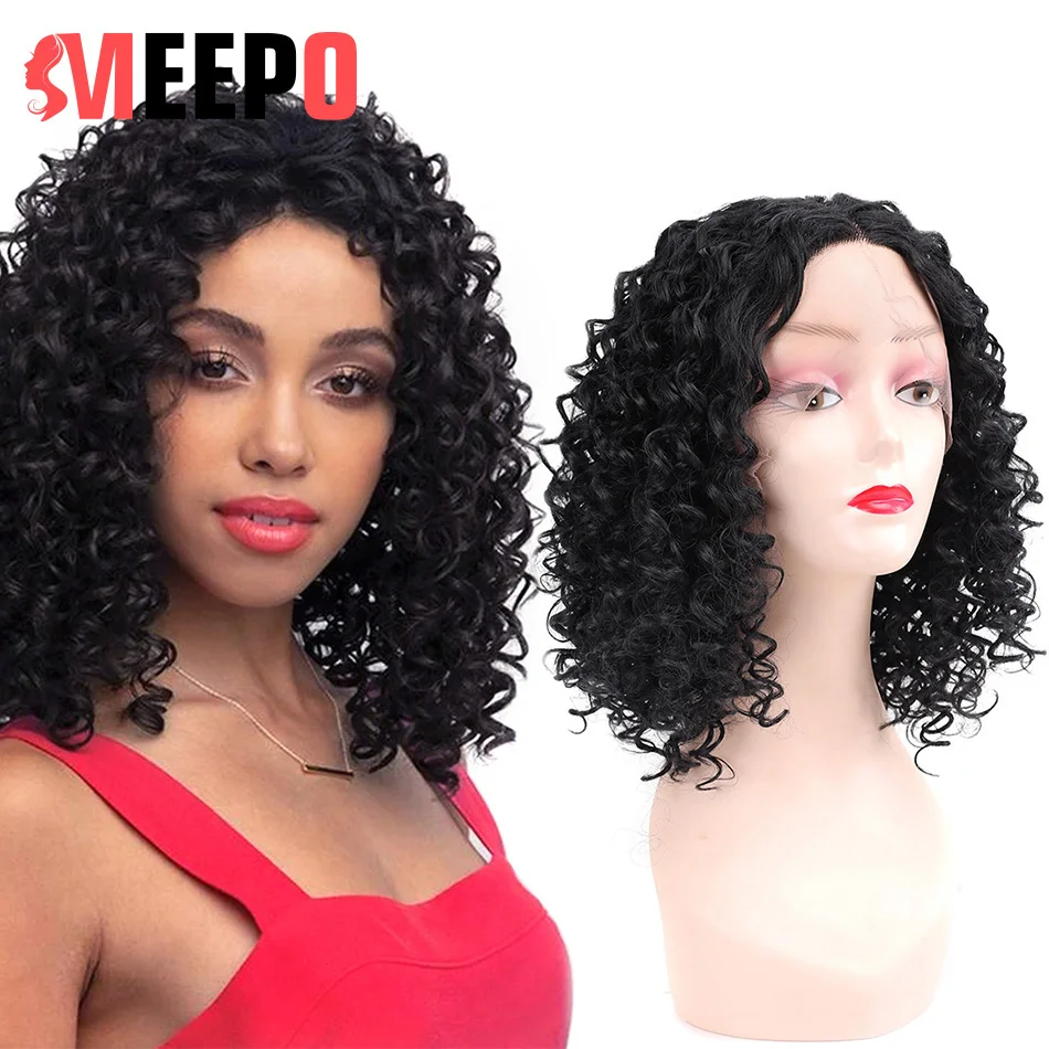 Meepo14Inch Short Bob Wigs13x1Lace Wigs Kinky Curly Premium Synthetic Fiber Middle Part Natural Black Color Fluffy and  Layered