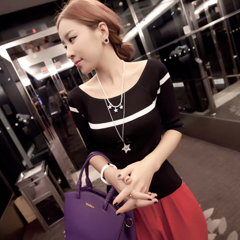 

Off Shoulder Top Korean Sexy Shirt Women Black White T Shirt Cotton Stretch Knitted Half Sleeve Boat Neck Ladies Clothes Casual