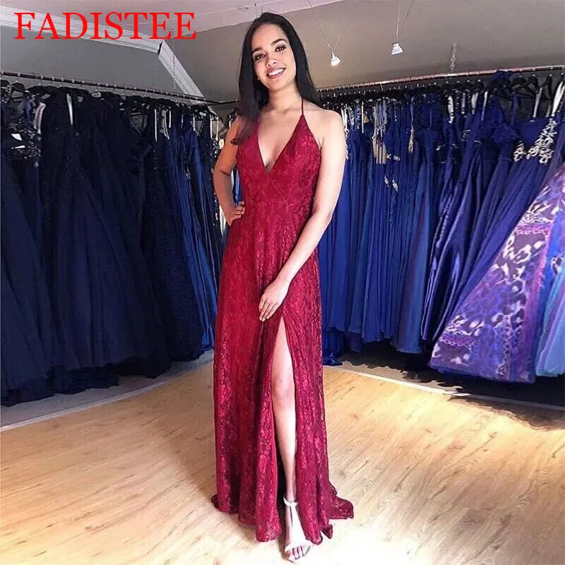 

Lace V-neck Evening Dresses Spaghetti Straps Sexy Backless Vestido De Festa Prom Party Dresses Robe De Soiree платье вечернее