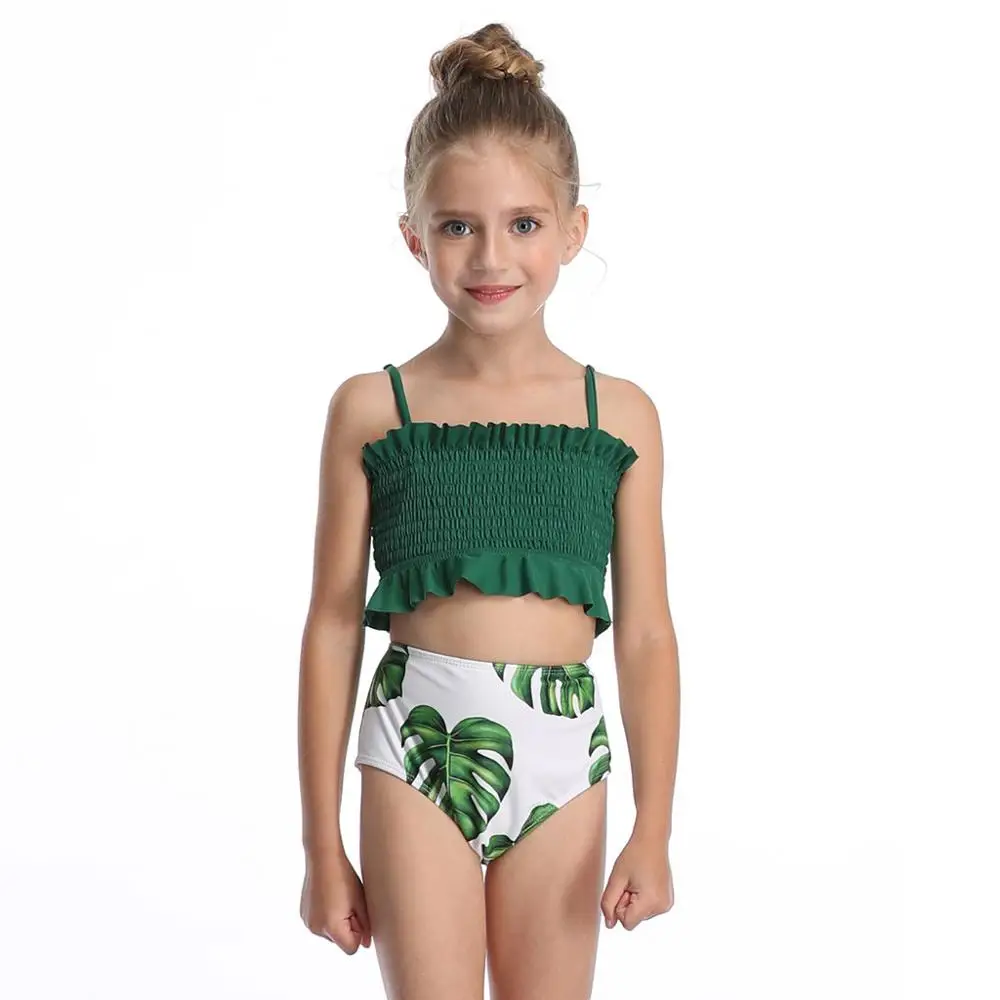 Пляжный купальный костюм без рукавов с оборками и принтом листьев для девочек