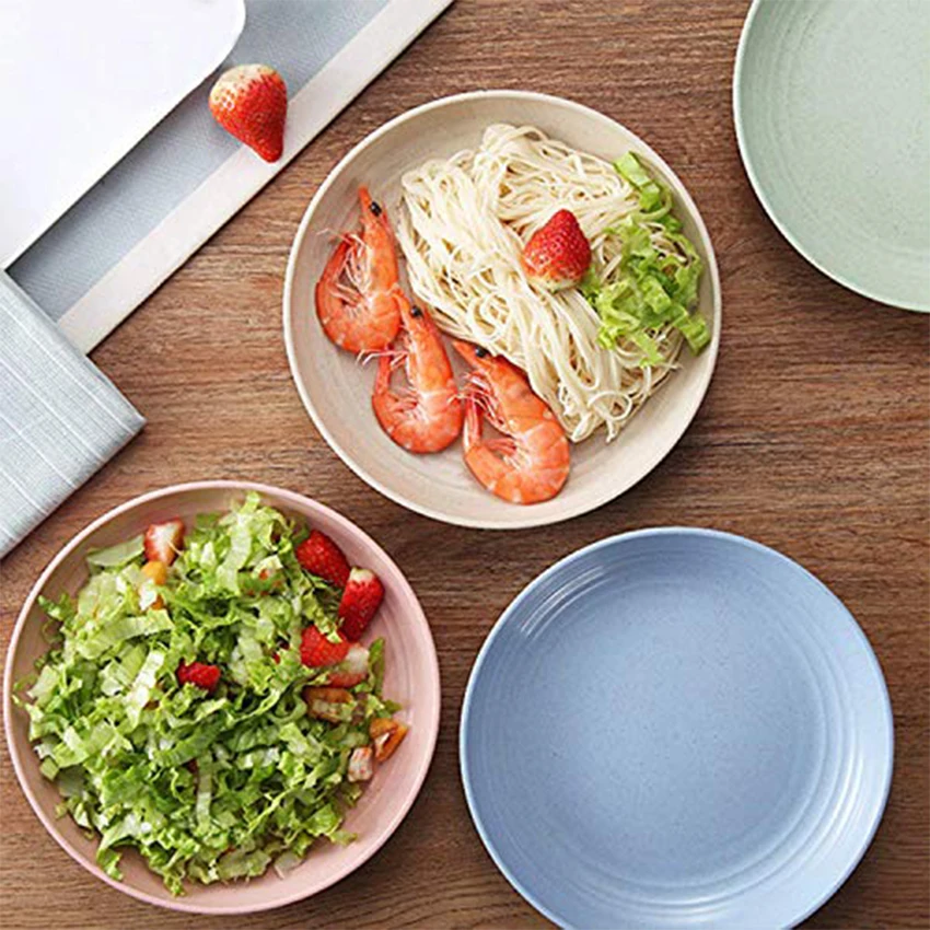 

4PCS Wheat Straw Tableware Plate Sets Reusable Plastic Household Dinner Plate Round Kids Adult Salad Soup Plate Kitchen Supplies