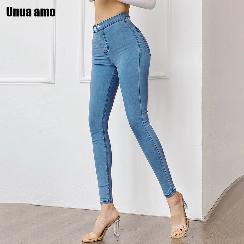

Unua amo 2021 Jeans Woman High Waist Stretch Skinny Denim Jeans Stylish All-match Blue Push UP Elastic Slim Pencil Pants
