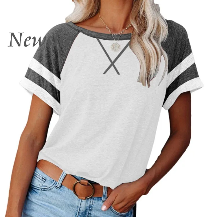 

Women's 2021 Summer Round Neck Short Sleeve Basic Splicing Color Cross Tops T-Shirt Loose Casual Comfy Crew Neck Tunics New