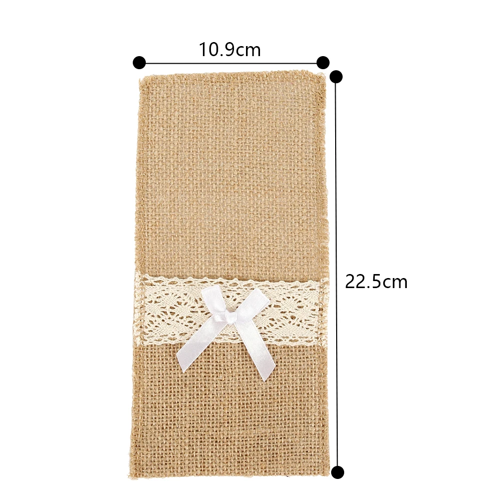 

20Pcs Burlap Lace Cutlery Pouch Rustic Wedding Tableware Knife Fork Holder Bag Hessian Jute Table Decoration Accessories Bag