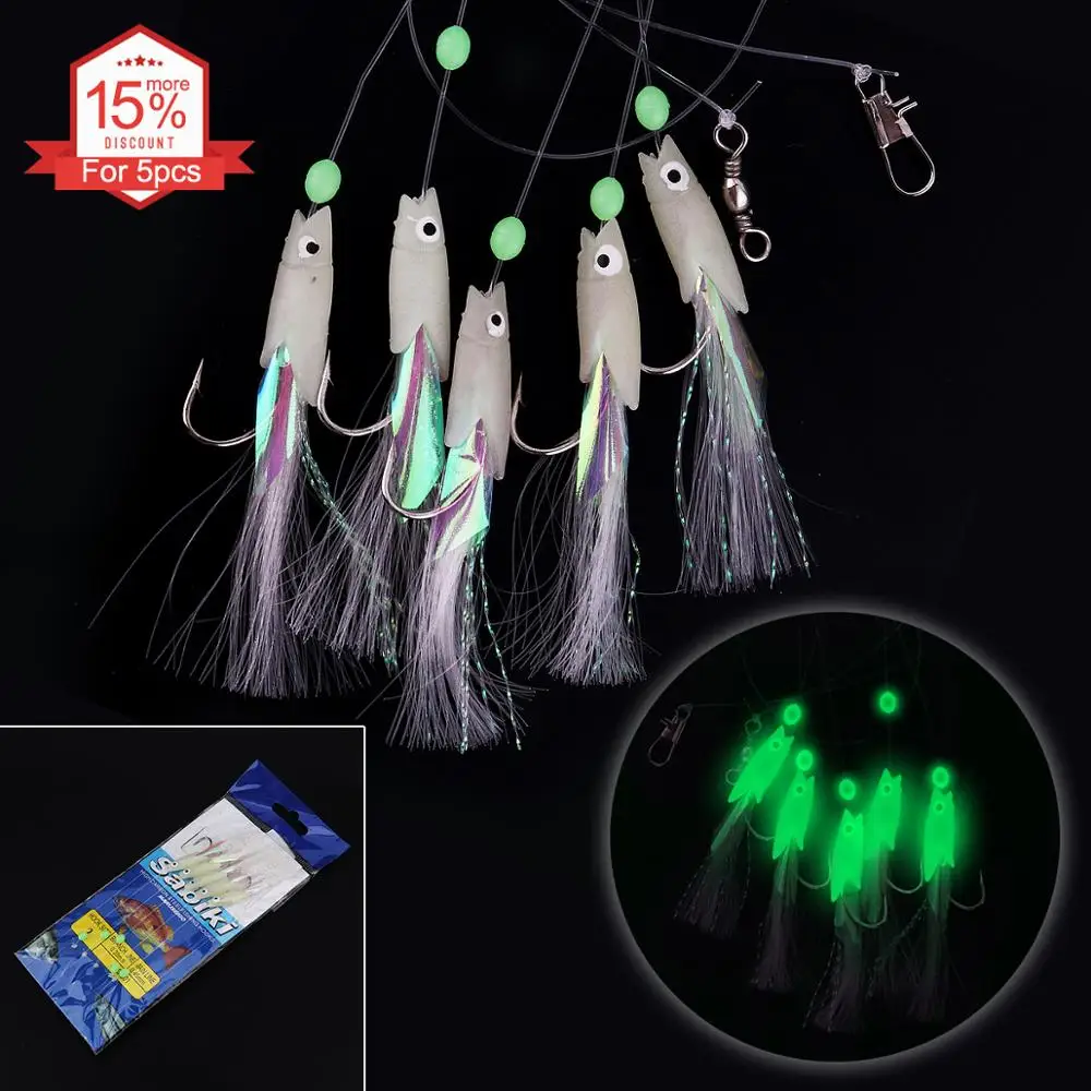 5 в 1 светящийся мягкий рыболовный крючок Sabiki для приманки 1/0 #1 #2 #3 #4 # на шнурке во