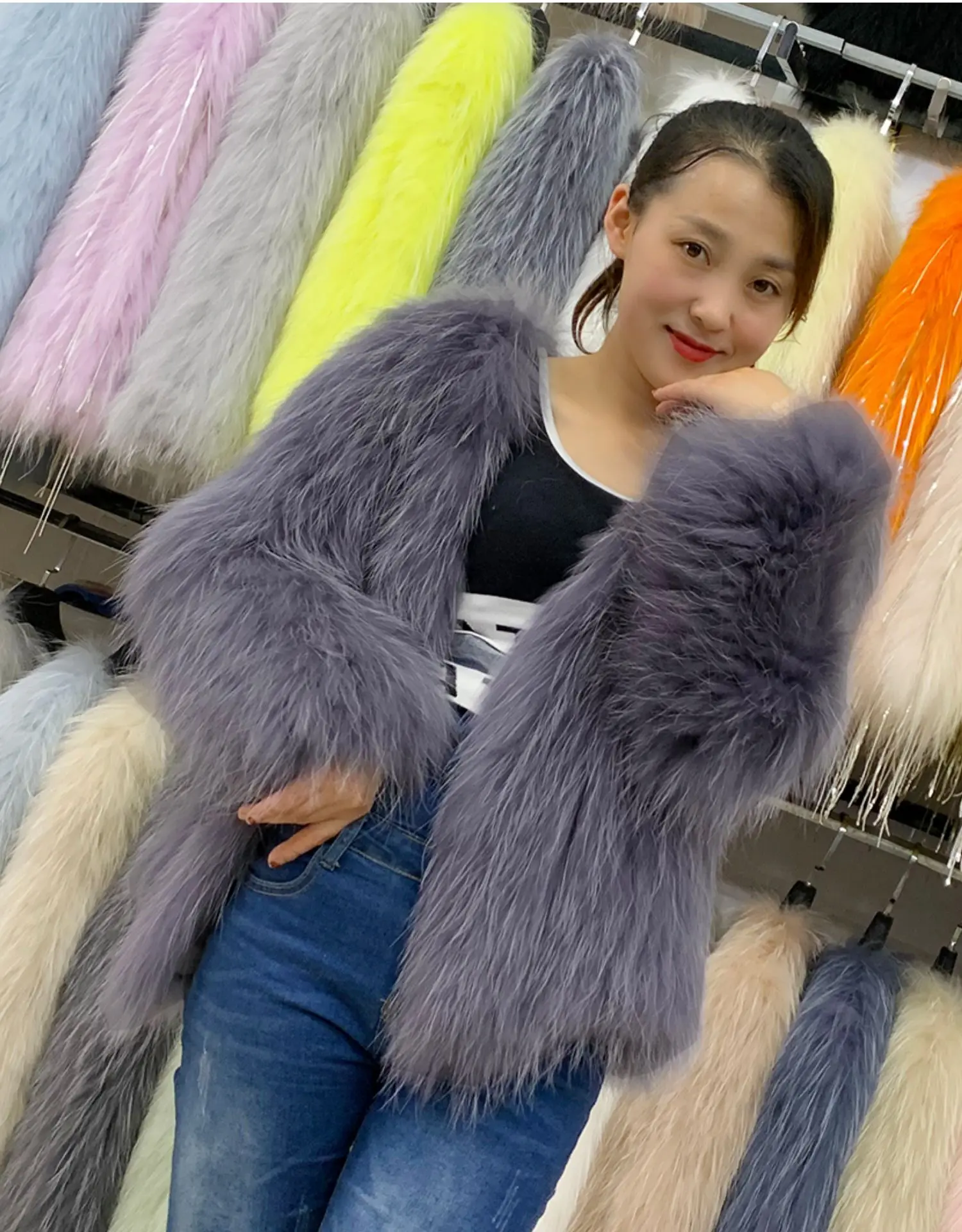 Fur raccoon fur woven jacket ladies winter fur jacket warm animal fur long-sleeved autumn jacket real animal fur woven