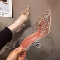 rhinestone gold silver pvc transparent rivet women pumps sandals high heels pointed toe crystal buckle wedding shoes for women