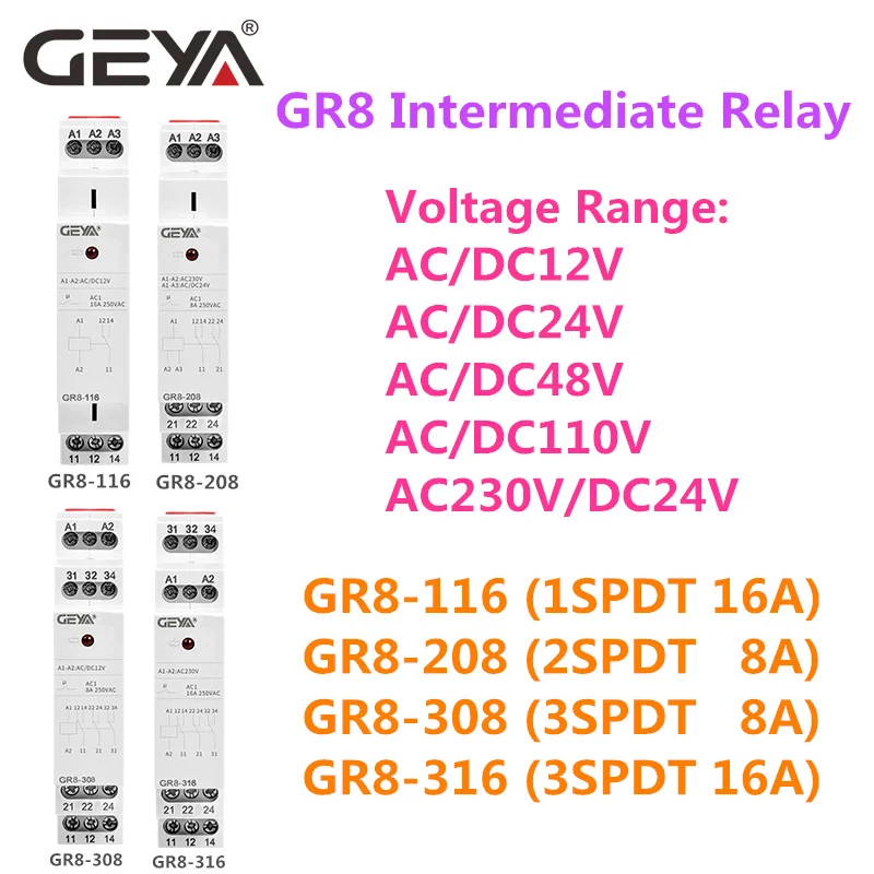 

GEYA Din Rail GR8 AC DC 24V Auxiliary Relay Intermediate Switch 8A 16A SPDT RELAYS Din Rail Module