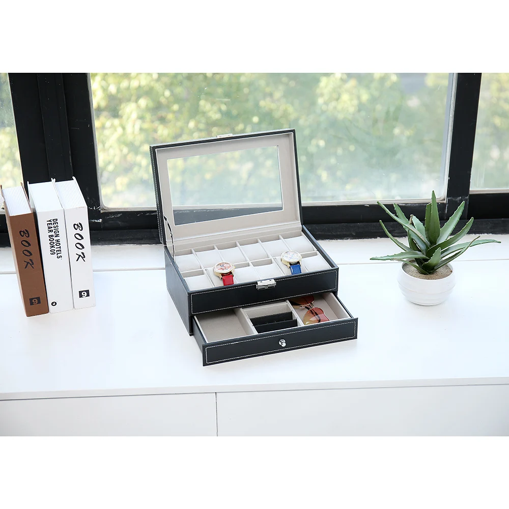 

89959070 [US-W]12 Slots Watch Box Mens Watch Organizer Lockable Jewelry Display Case with Real Glass Top Faux Leather Black Home