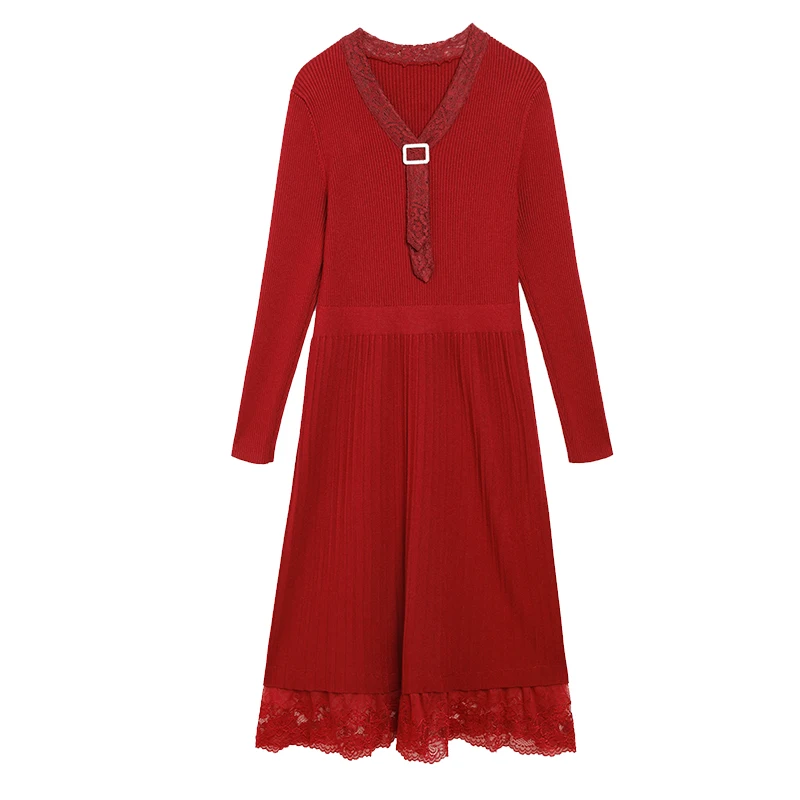 

Women Autumn And Winter New Style V-neck Lace Sweater Dress Fashion Mid-length Casual Temperament Pure Color Knitted Dress