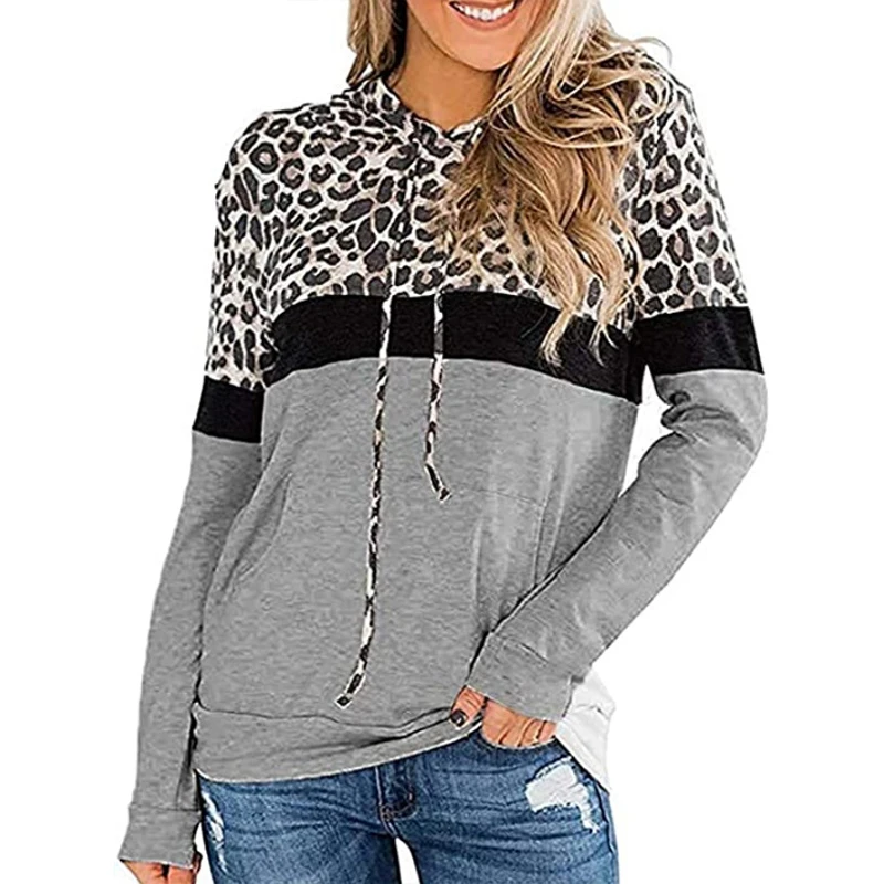 

Autumn Leopard Patchwork Women Pullovers Long Sleeve Regular Drawstring Hooded Loose Casual Ladies Hoodies Sweatshirts