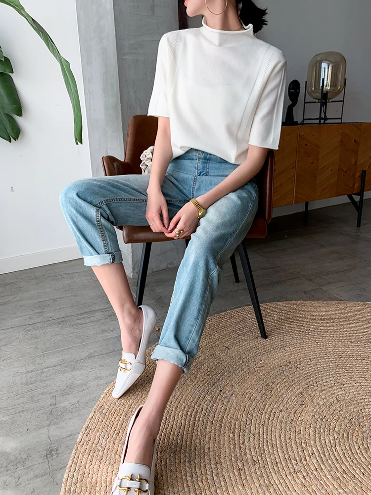 

Half-turtleneck short-sleeved wool sweater women's autumn short pullover Korean style loose slimming Half sleeve base shirt