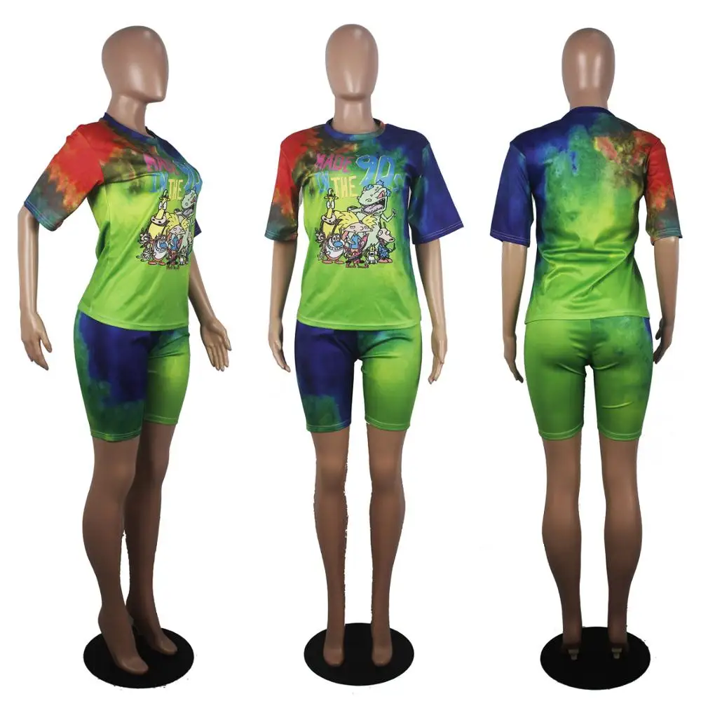 

European fashion cartoon print short sleeve and shorts suit casual loose-fitting O collar ladies sports two-piece