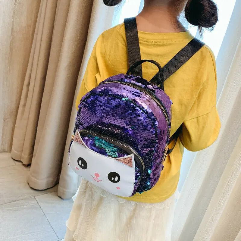 

Kid Backpack Sequins Cartoon Cat Print Bags Kindergarten Toddler Children School Backpack For Girls