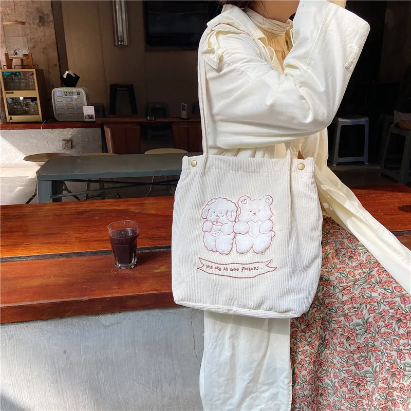 

Hylhexyr Women Bear Embroidery Handbag Corduroy Shopping Bags Canvas Handbag Magnetic Buckle Shoulder Bag Schoolbag For Students