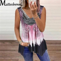 2021 summer v neck fashion printed sleeveless tops women vintage casual loose tank top ladies sexy vest t shirt tops
