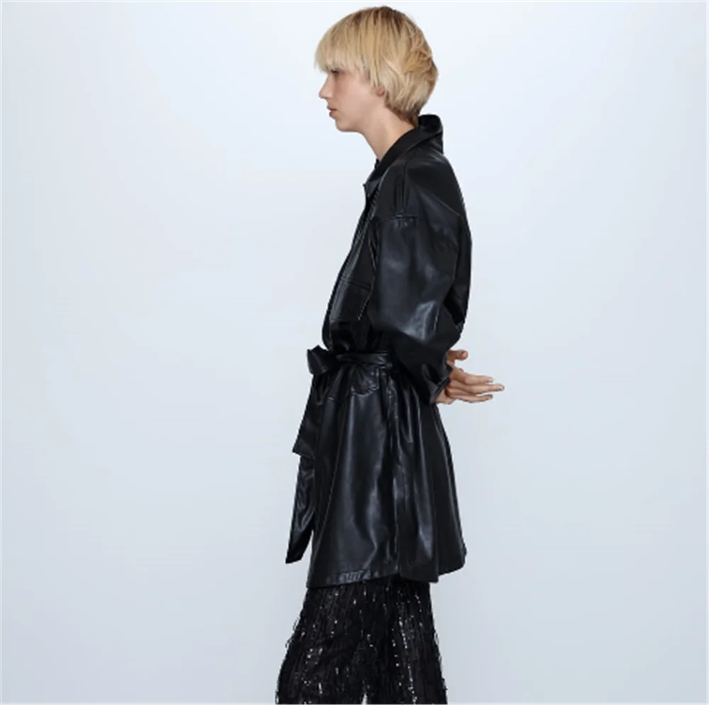 Женское пальто из искусственной кожи ZA вечернее в стиле бохо с длинным рукавом и