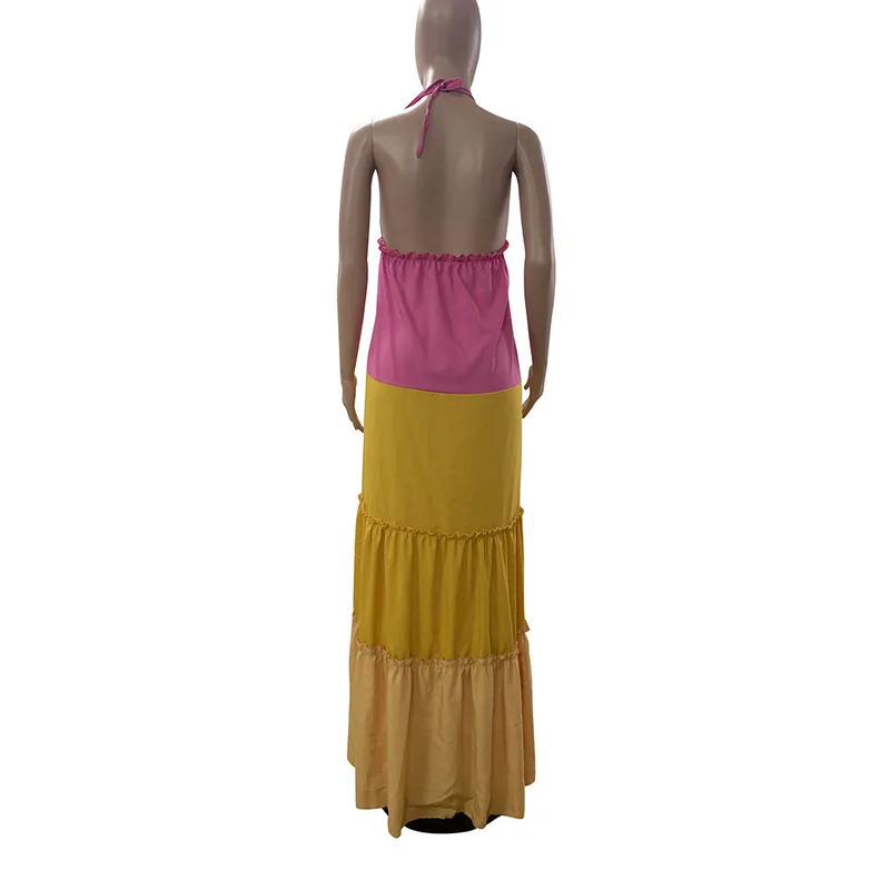 

Off The Shoulder Sexy Long Party Sundress Women Contrast Color Spliced Sleeveless Dress Summer Halter Open Back Beach Boho Dress