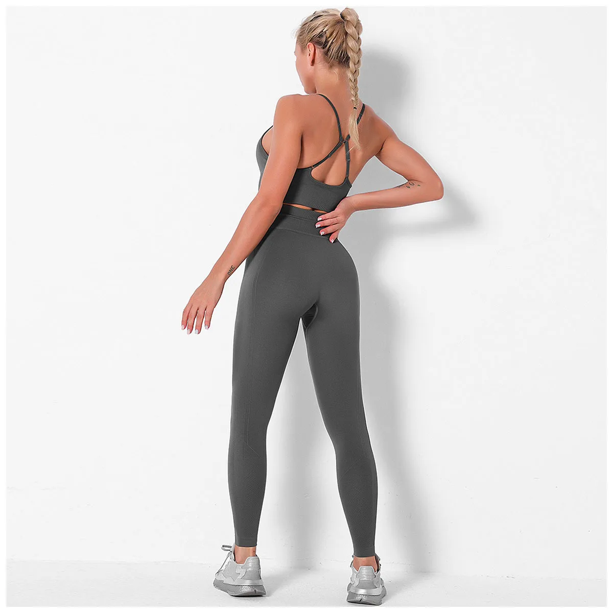 

New sexy solid color beautiful back bra set high waist hip yoga pants running sports fitness pants