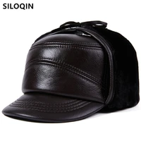 siloqin new mens warm earmuffs hat baseball caps natural genuine leather cap winter cowhide hats middle aged elderly winter hat