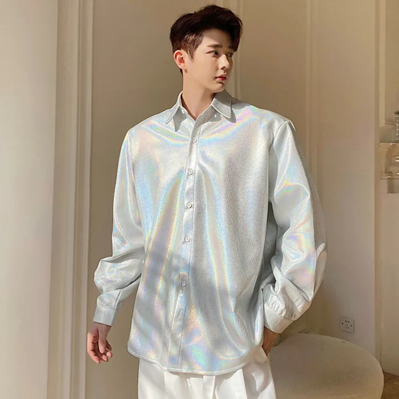 

IEFB 2021 Spring Clothing Oversized Long Sleeve Korean Streetwear Men's Shirt Lapel Shiny Fabric Trend Tops Blue Clothes 9Y5776