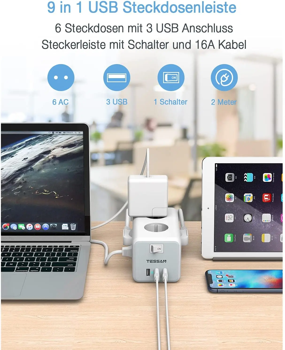 Удлинитель с USB портом и 6 розетками переменного тока 2 м|Удлинители