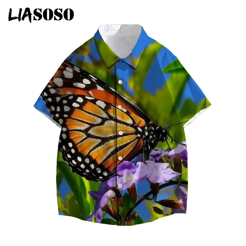

LIASOSO 2021 Animal Butterfly Summer Men Shirts Casual Fashion Hawaiian Fruit 3D Printed Short-Sleeve Blouses Tops Women