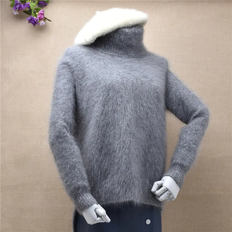 Body68cm chest100cm Свитер с высоким верхом из ангорской кроличьей шерсти, женский короткий пуловер с длинным рукавом и высоким воротником, свитер на осень и зиму, вязаная женская одежда - Цвет: Body68cm chest100cm