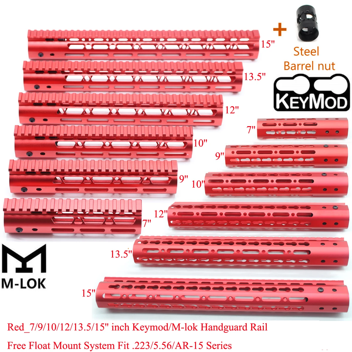 

Aplus Chinese Red 7/9/10/12/13.5/15'' inch AR15/M4/M16 Keymod/M-lok Handguard Rail Picatinny Free Float Mount System+Steel Nut