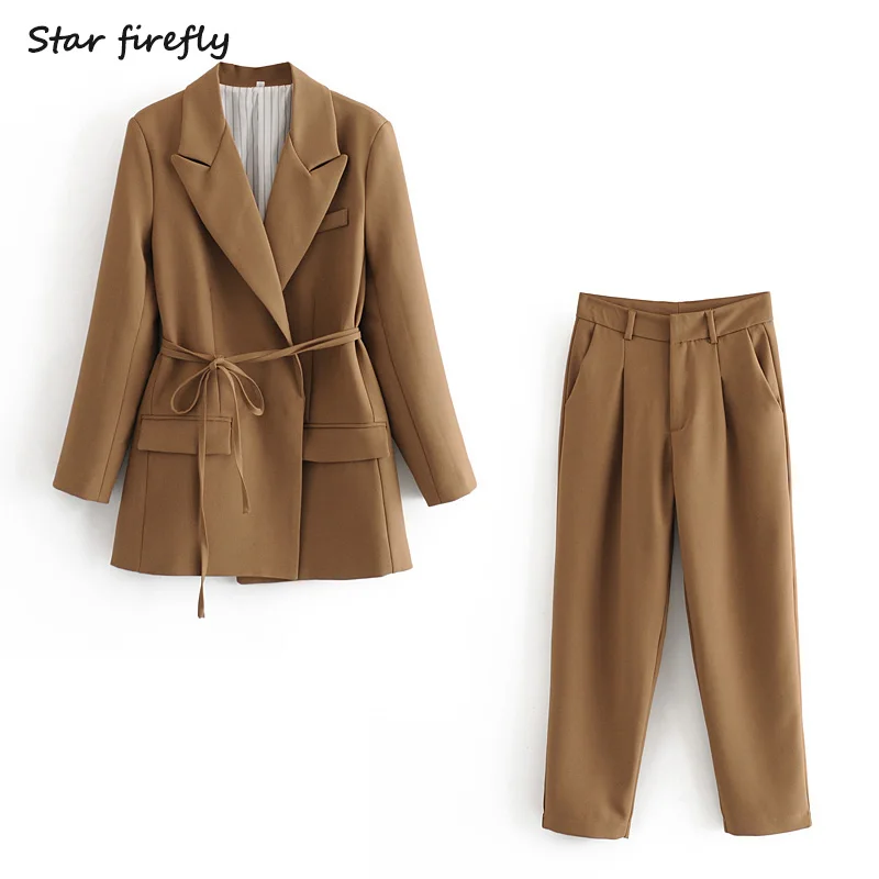 Модный женский костюм Za Star firefly лето 2020 повседневный облегающий с ремнем Женские