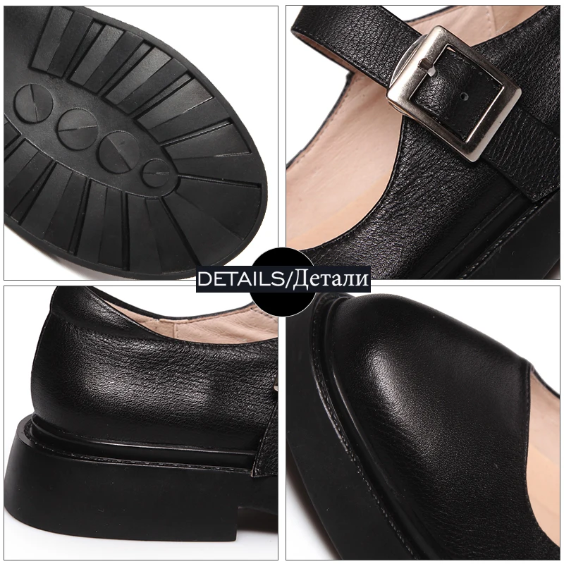 

ISNOM Genuine Leather Flats Women Shoes Woman Sweet Mary Janes Flat Buckle Strip Platform Shoes Ladies Flats