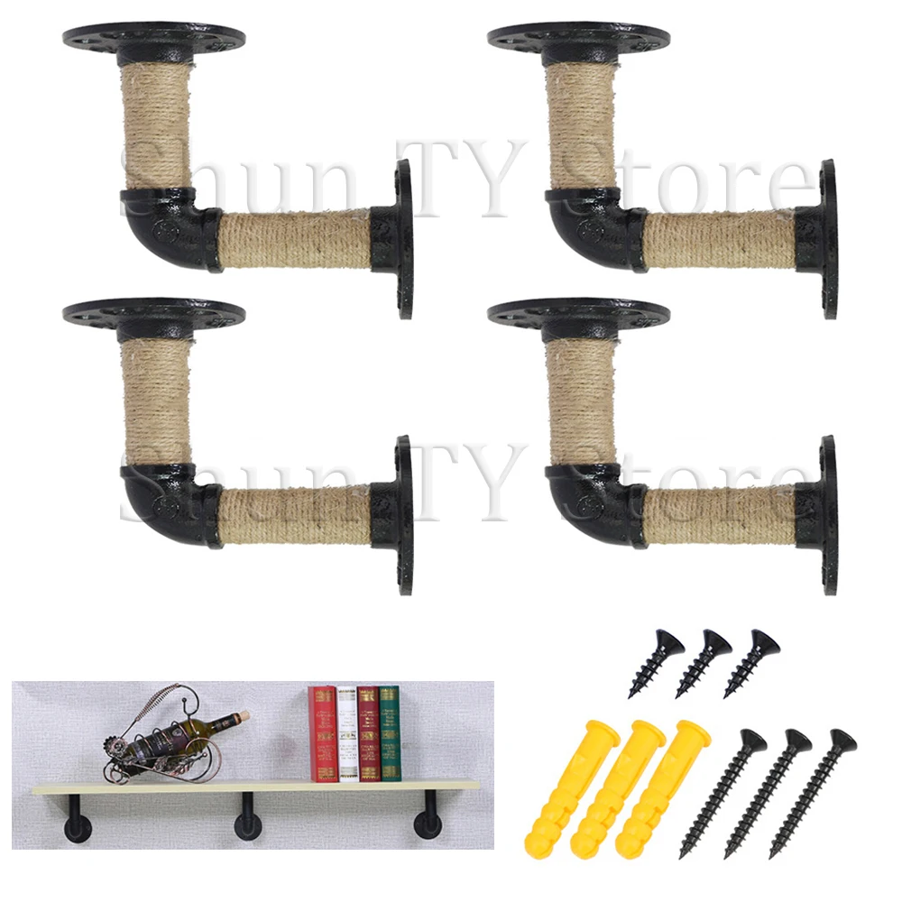 

2/4Pcs 90 degree Double Flange 2.5cm Industrial hemp rope Iron Pipe Shelf Brackets Rustic Pipe Brackets Wall Mounted Vintage