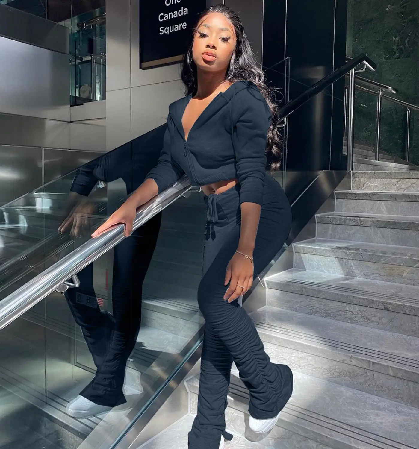 

Autumn Winter Women Suit Fashion Streetwear Zipper Hoodies Stacked Pants 2 Pieces Set