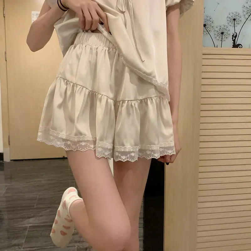 QWEEK French Solid Color Palace Style Pajamas Suit with Shorts for Women Summer Pyjamas Lace Puff Sleeve Silk Satin Pijamas Cool