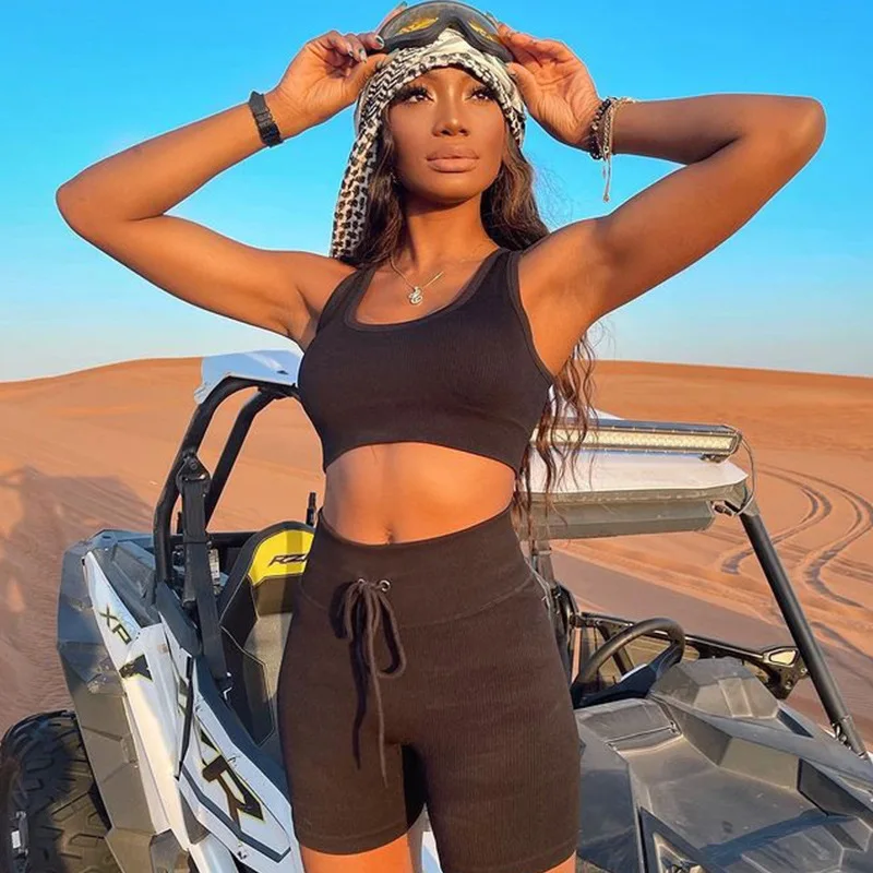

Vamos Todos 21Summer Basic Sports 2 Piece Sets Rib Crop Tank Pants GYM Shorts Fitness Yoga Leggings Sexy Women Sportwear Clothes