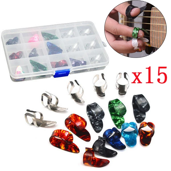 15 шт. из нержавеющей стали целлюлоидный палец гитарные палочки с Сетки Чехол