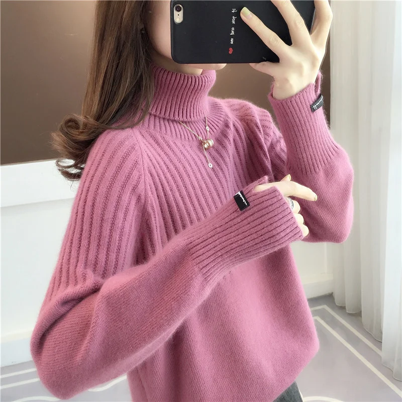 

Korean Slouchy Sweaters Women's New Loose 2023 Autumn Winter Solid Turtleneck Pullover Women Tops Knitted Long Sleeve Jumper
