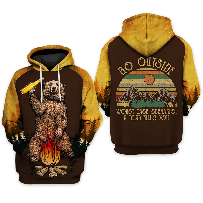 

Brown Casual Hoodie Graffiti Beer Bear Print Camping Sportswear