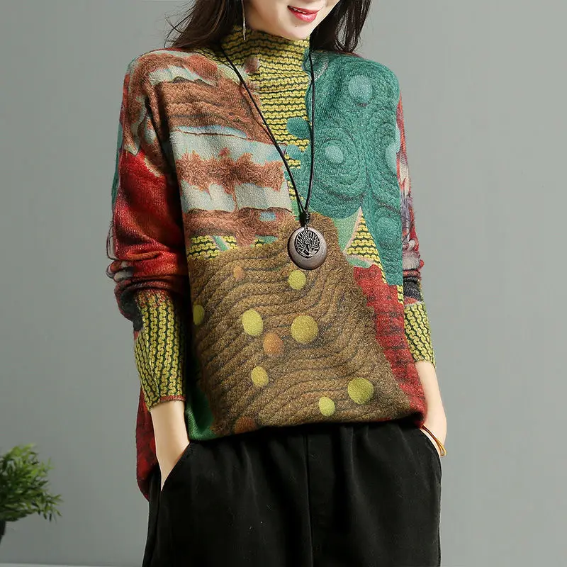 

DUOFAN Women Striped Printed Sweater 21 Autumn Top Mink Cashmere Long Sleeve O-Neck Knitted Pullover Loose Jumper Sweater Women