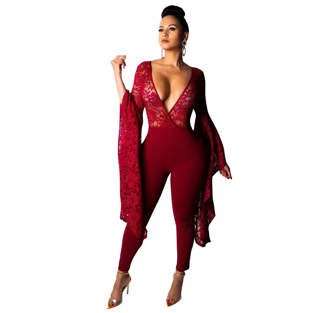 wine red jumpsuit Adogirl, сексуальный комбинезон из прозрачного лоскутного кружева с глубоким v-образным вырезом, Женский Повседневный комбинезон с расклешенными рукавами, вечерние Клубные комбинезоны, женские комбинезоны - Цвет: wine red jumpsuit